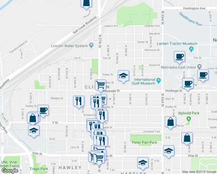 map of restaurants, bars, coffee shops, grocery stores, and more near 1526 North 28th Street in Lincoln