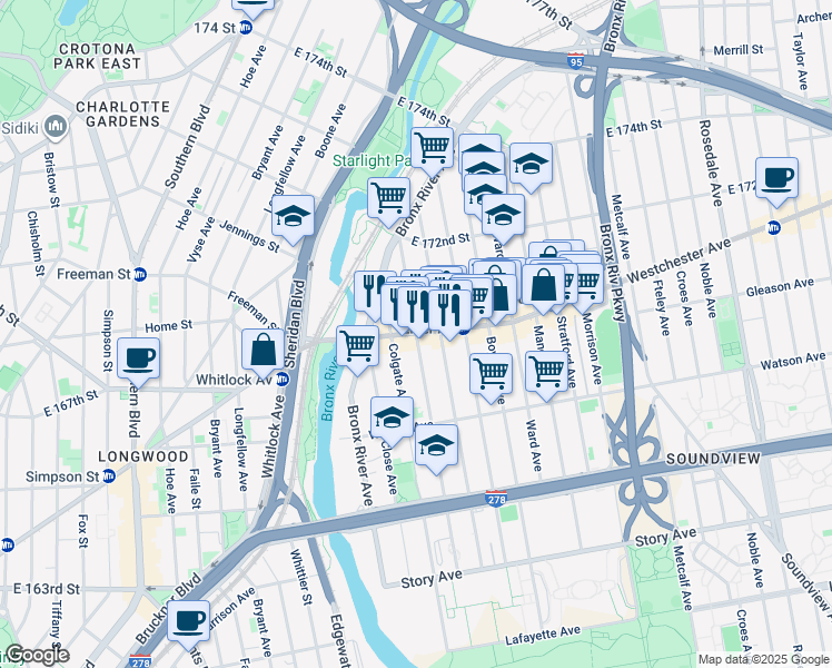 map of restaurants, bars, coffee shops, grocery stores, and more near Westchester Ave & Evergreen Ave in Bronx