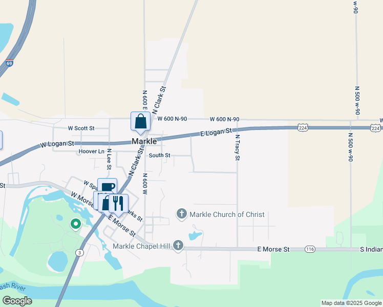 map of restaurants, bars, coffee shops, grocery stores, and more near Countryside Drive in Markle