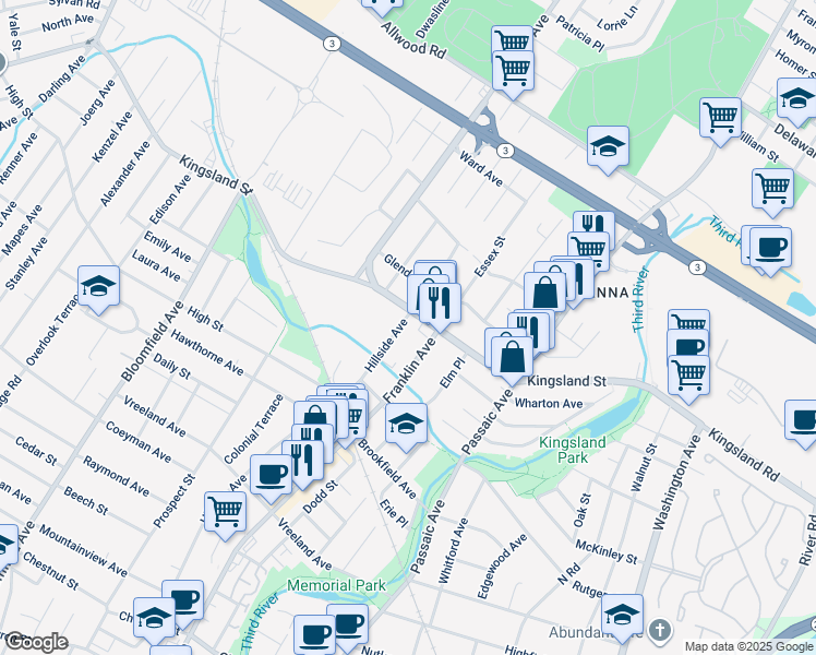 map of restaurants, bars, coffee shops, grocery stores, and more near 344 Hillside Avenue in Nutley