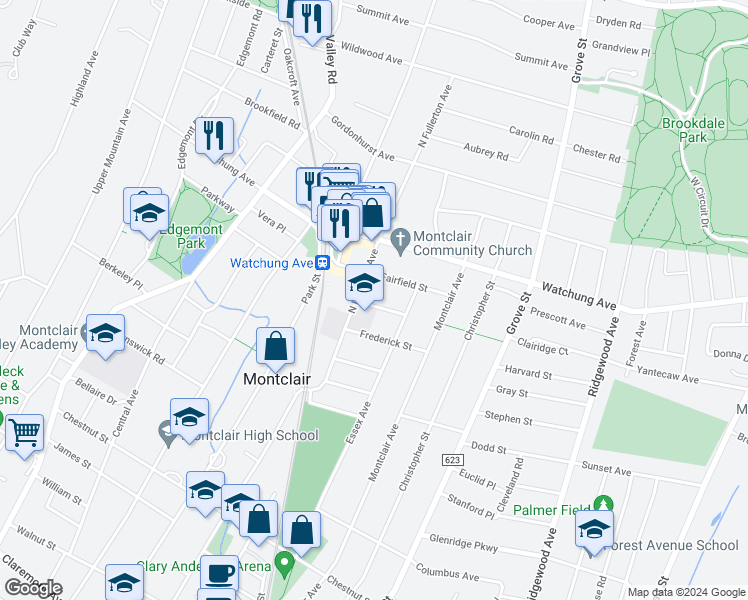 map of restaurants, bars, coffee shops, grocery stores, and more near 15 Garden Street in Montclair