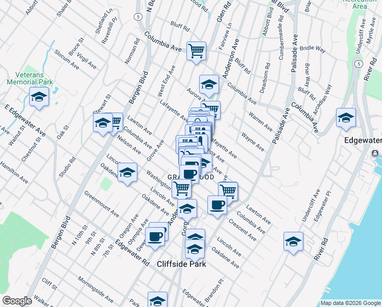 map of restaurants, bars, coffee shops, grocery stores, and more near 695 Anderson Avenue in Cliffside Park