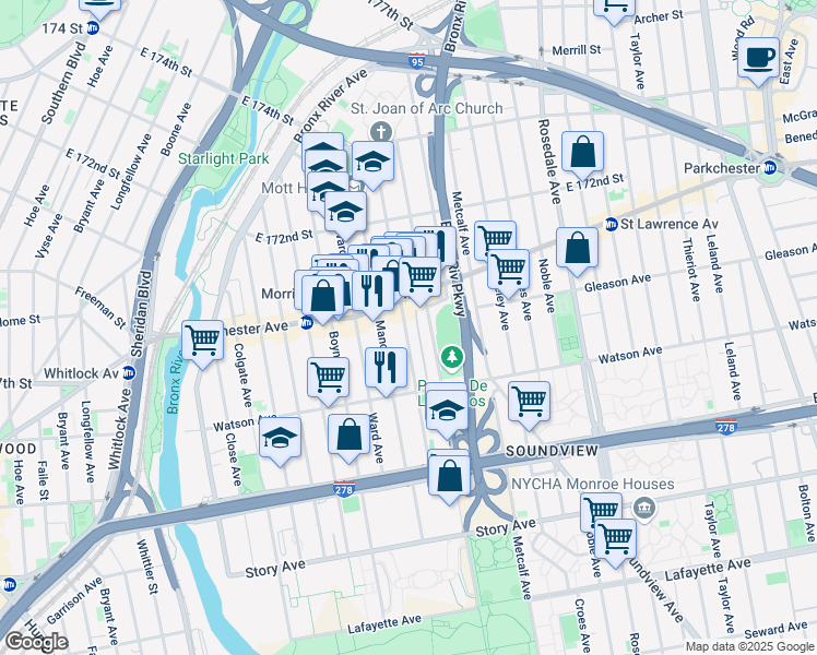 map of restaurants, bars, coffee shops, grocery stores, and more near 1170 Stratford Avenue in Bronx