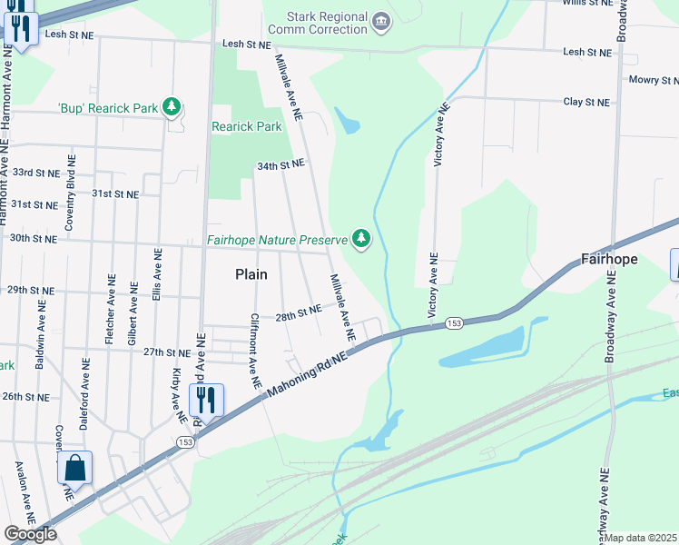 map of restaurants, bars, coffee shops, grocery stores, and more near 2920 Millvale Avenue Northeast in Canton