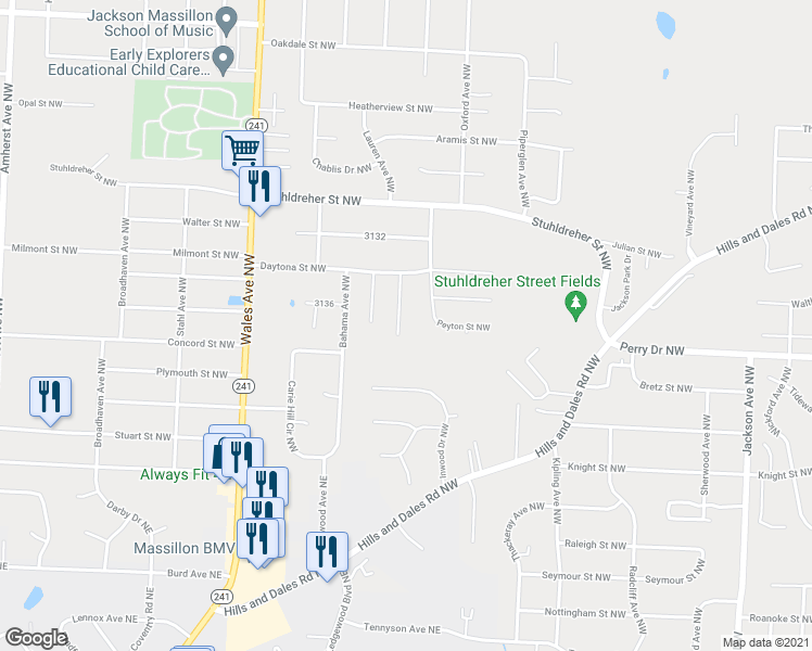 map of restaurants, bars, coffee shops, grocery stores, and more near 3236 Delray Avenue Northwest in Massillon