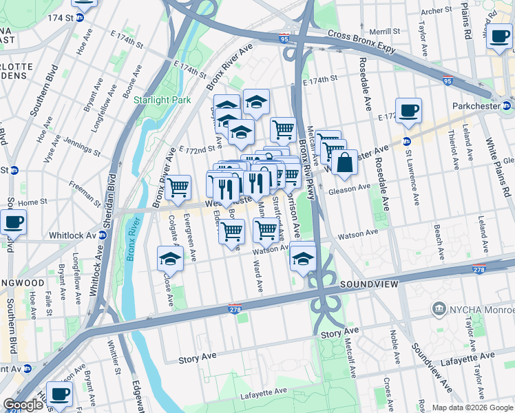 map of restaurants, bars, coffee shops, grocery stores, and more near 1167 Manor Avenue in Bronx