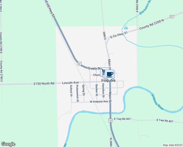 map of restaurants, bars, coffee shops, grocery stores, and more near 306 Church Avenue in Iroquois