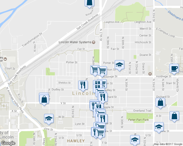 map of restaurants, bars, coffee shops, grocery stores, and more near 1510 North 25th Street in Lincoln