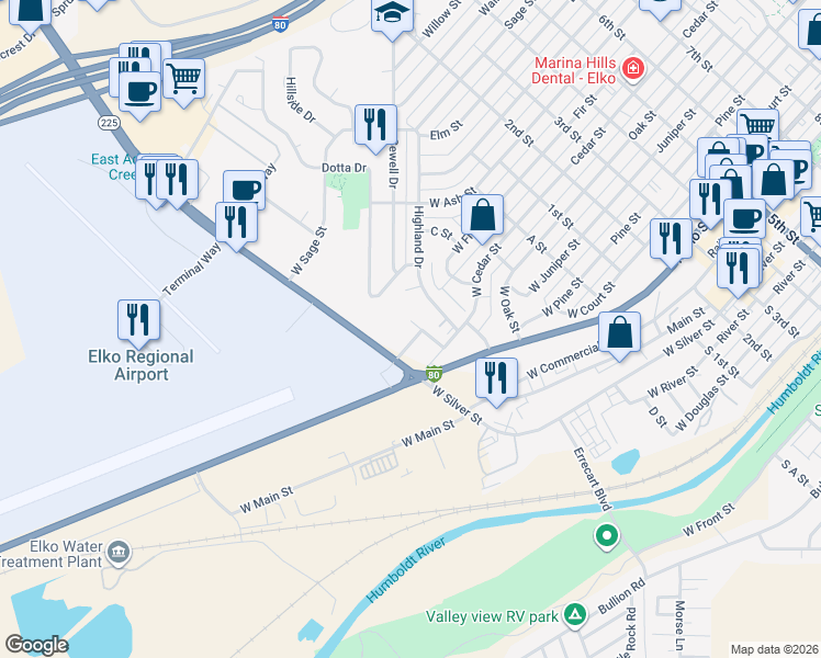 map of restaurants, bars, coffee shops, grocery stores, and more near 674 North Cedar Street in Elko