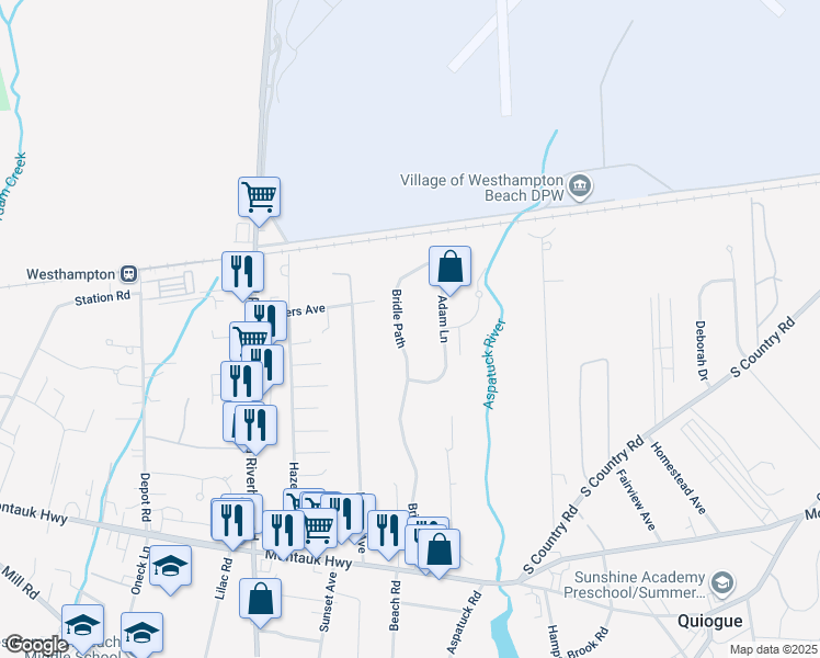 map of restaurants, bars, coffee shops, grocery stores, and more near 42 Bridle Path in Westhampton Beach