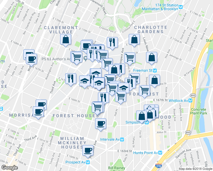 map of restaurants, bars, coffee shops, grocery stores, and more near 810 East 168th Street in Bronx