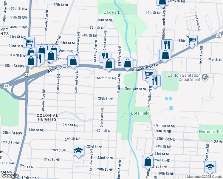 map of restaurants, bars, coffee shops, grocery stores, and more near 1630 Spangler Street Northeast in Canton