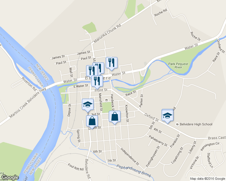 map of restaurants, bars, coffee shops, grocery stores, and more near 505 Oxford Street in Belvidere