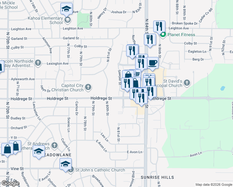 map of restaurants, bars, coffee shops, grocery stores, and more near 1511 Sawyer Court in Lincoln