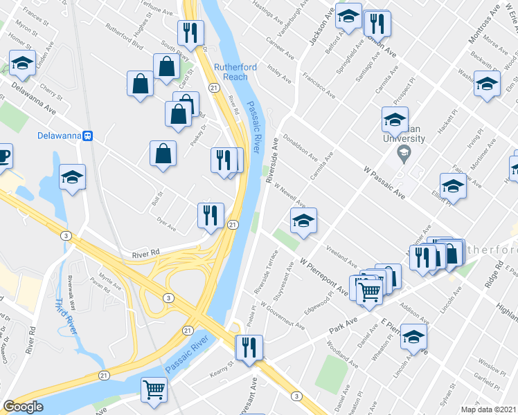 map of restaurants, bars, coffee shops, grocery stores, and more near 380 Riverside Avenue in Rutherford