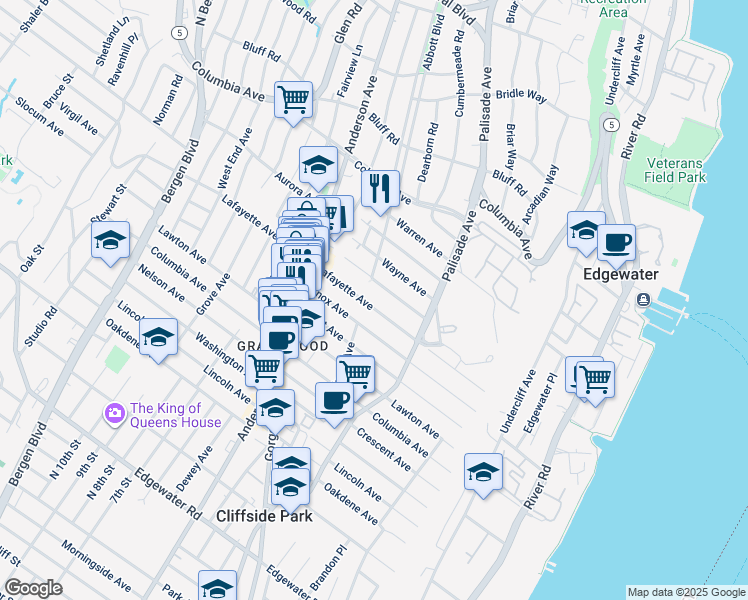 map of restaurants, bars, coffee shops, grocery stores, and more near 255 Lafayette Avenue in Cliffside Park