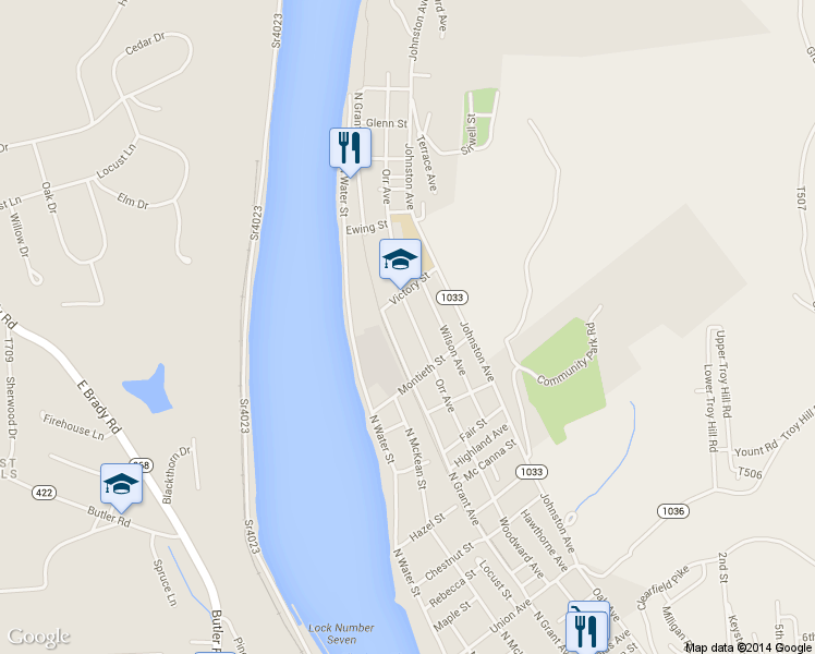 map of restaurants, bars, coffee shops, grocery stores, and more near 1143 Orr Ave in Kittanning