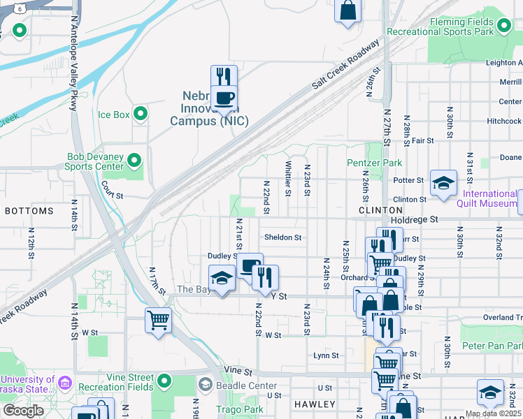 map of restaurants, bars, coffee shops, grocery stores, and more near 1511 North 22nd Street in Lincoln