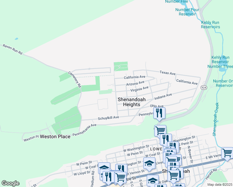 map of restaurants, bars, coffee shops, grocery stores, and more near 182 Virginia Avenue in Shenandoah