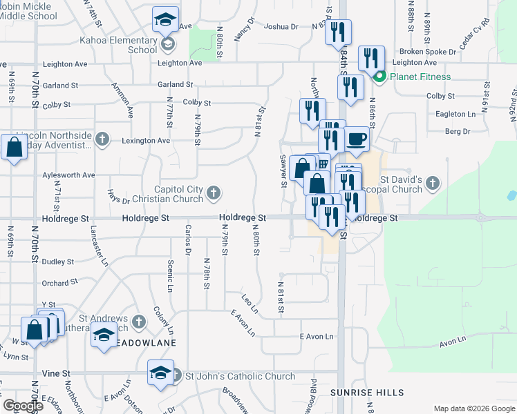 map of restaurants, bars, coffee shops, grocery stores, and more near 1511 Sawyer Court in Lincoln
