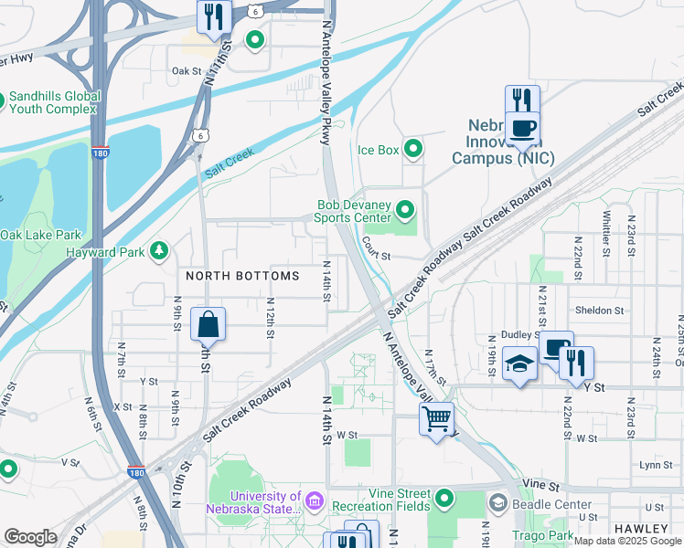 map of restaurants, bars, coffee shops, grocery stores, and more near 1515 North 15th Street in Lincoln