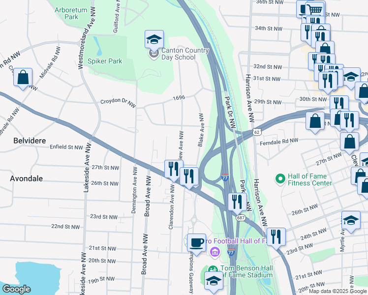 map of restaurants, bars, coffee shops, grocery stores, and more near 2708 Clearview Ave NW in Canton