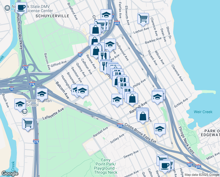 map of restaurants, bars, coffee shops, grocery stores, and more near 840 Revere Avenue in Bronx