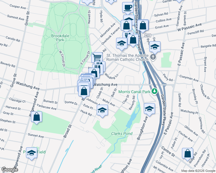 map of restaurants, bars, coffee shops, grocery stores, and more near 342 Watchung Avenue in Bloomfield