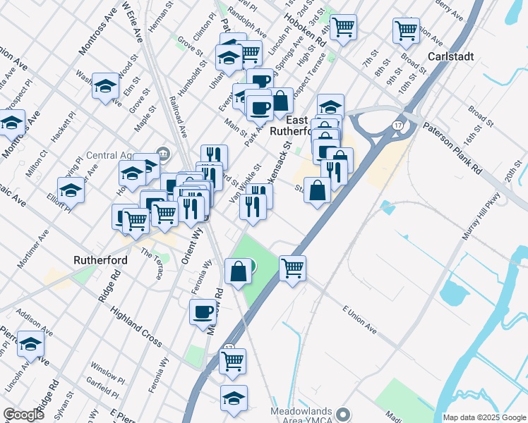 map of restaurants, bars, coffee shops, grocery stores, and more near 120 Orchard Street in East Rutherford