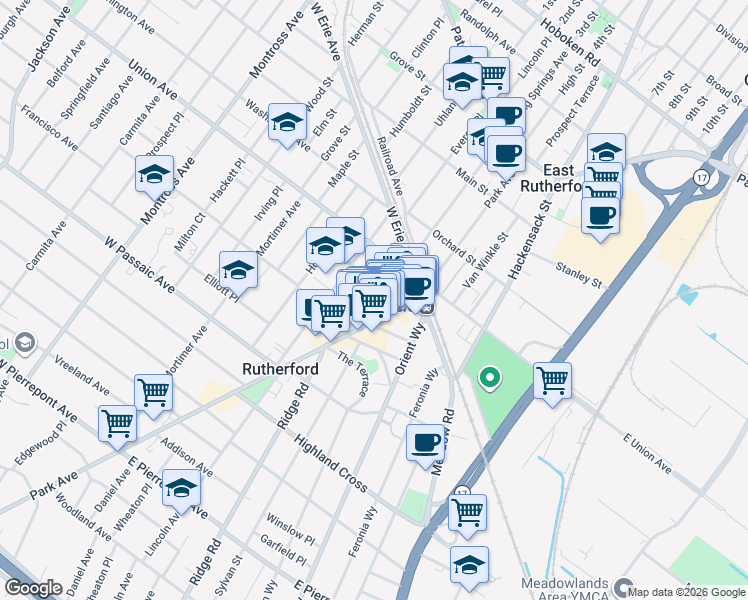 map of restaurants, bars, coffee shops, grocery stores, and more near 25 Ames Avenue in Rutherford
