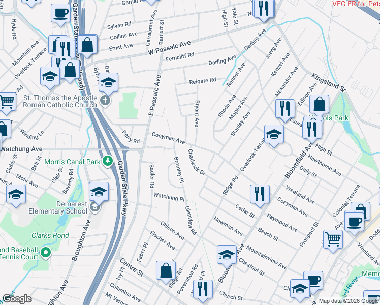 map of restaurants, bars, coffee shops, grocery stores, and more near 11 Chadwick Drive in Bloomfield