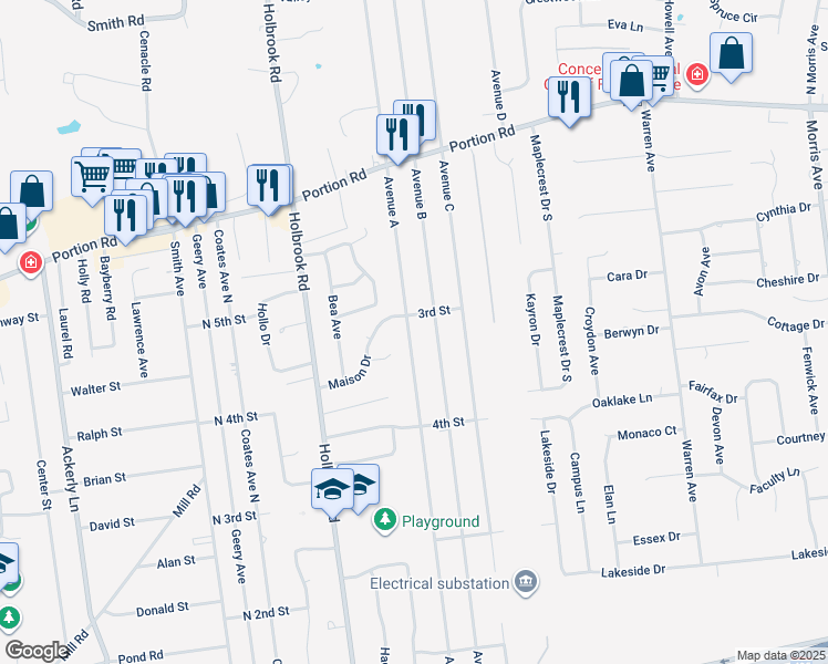 map of restaurants, bars, coffee shops, grocery stores, and more near 187 Avenue A in Holbrook