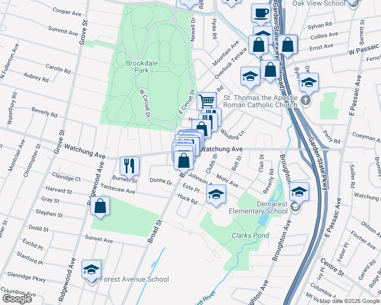 map of restaurants, bars, coffee shops, grocery stores, and more near 1072 Broad Street in Bloomfield