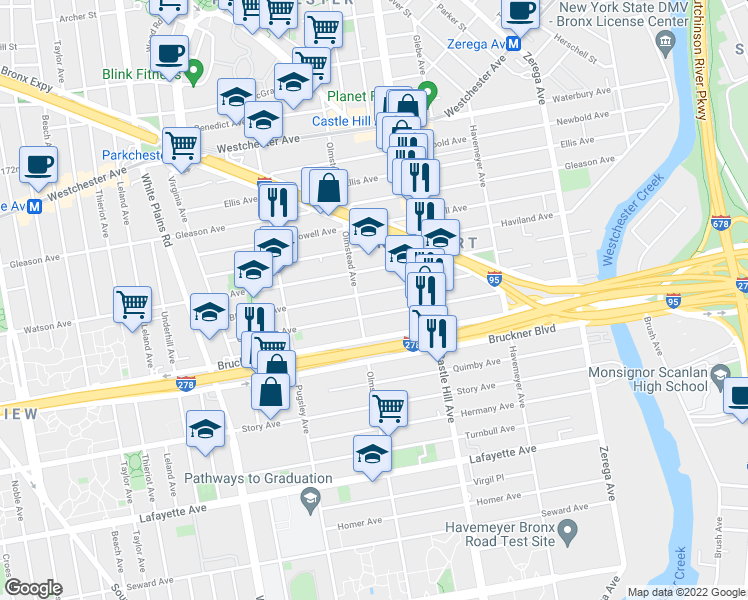 map of restaurants, bars, coffee shops, grocery stores, and more near 2114 Blackrock Avenue in Bronx