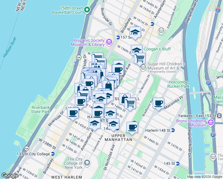 map of restaurants, bars, coffee shops, grocery stores, and more near 500 West 150th Street in New York