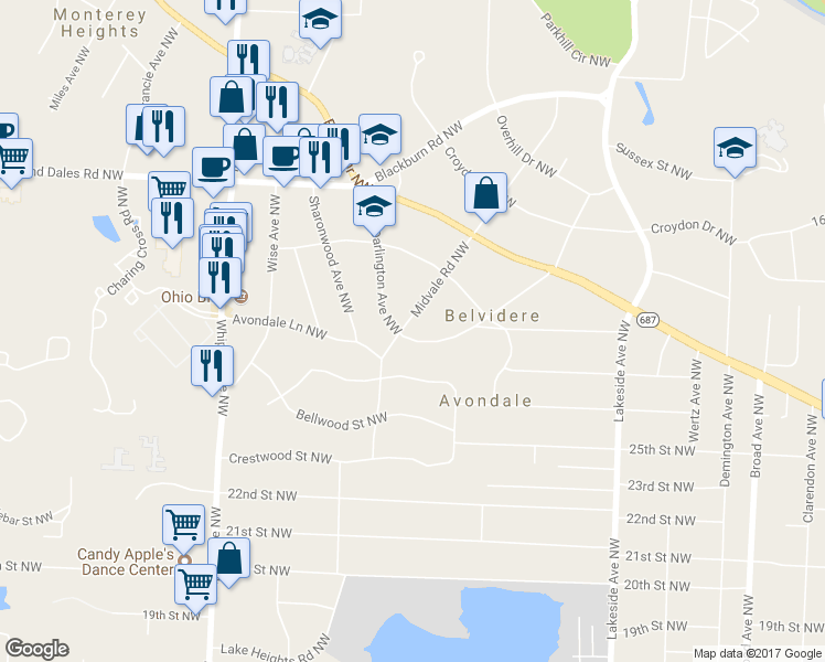 map of restaurants, bars, coffee shops, grocery stores, and more near 3817 Darlington Avenue Northwest in Canton