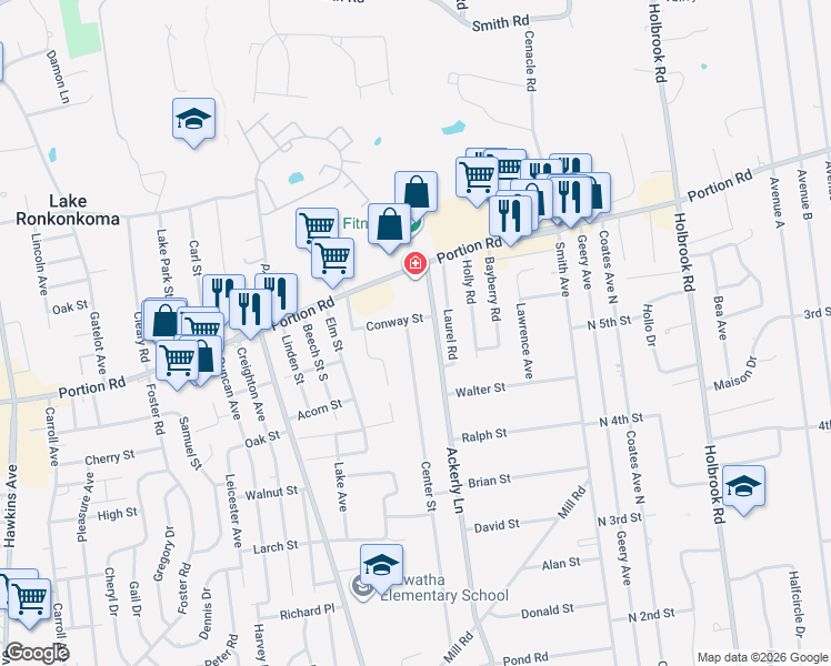 map of restaurants, bars, coffee shops, grocery stores, and more near 1 Center Street in Lake Ronkonkoma