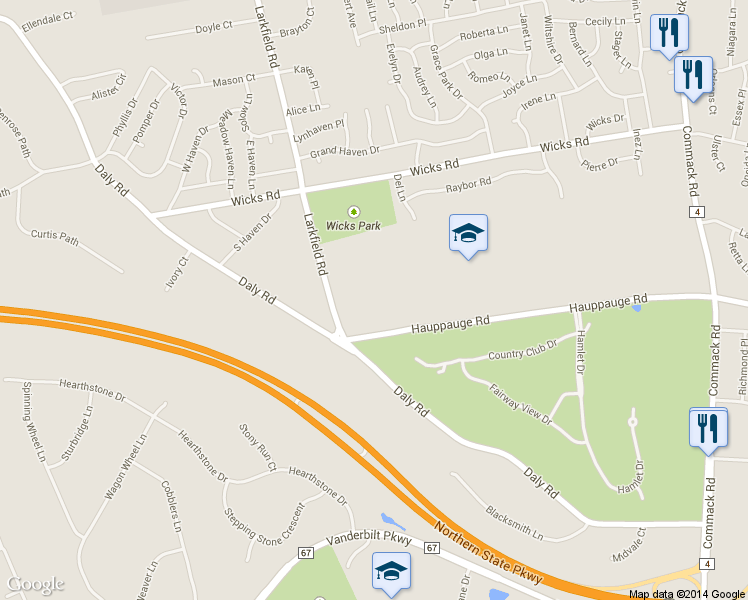 map of restaurants, bars, coffee shops, grocery stores, and more near 102 Hauppauge Road in Commack