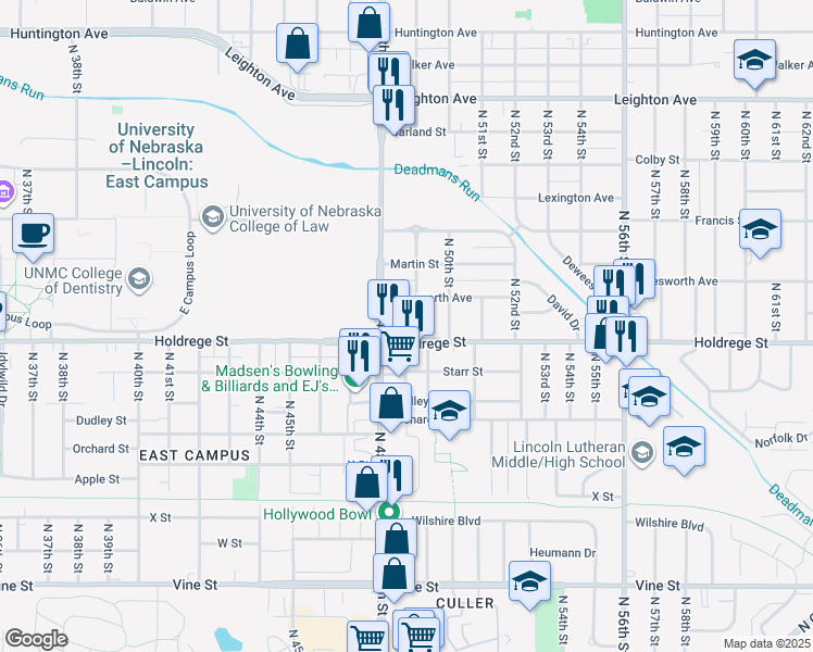 map of restaurants, bars, coffee shops, grocery stores, and more near 1535 North 49th Street in Lincoln