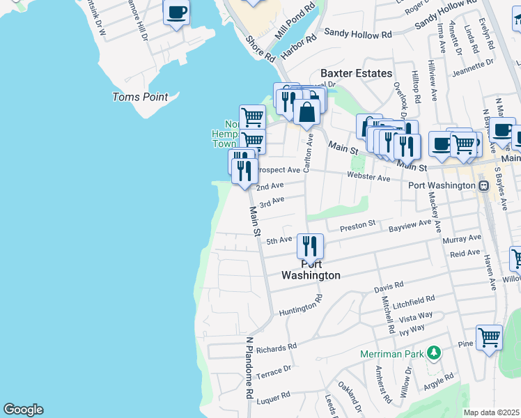 map of restaurants, bars, coffee shops, grocery stores, and more near 10 3rd Avenue in Port Washington