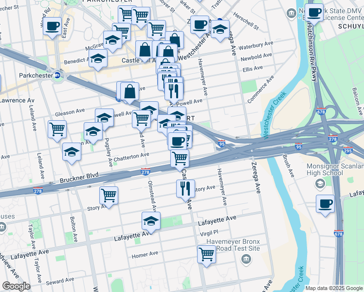 map of restaurants, bars, coffee shops, grocery stores, and more near 2217 Chatterton Avenue in Bronx