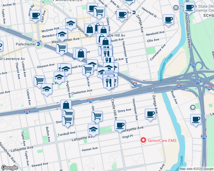 map of restaurants, bars, coffee shops, grocery stores, and more near 2159 Chatterton Avenue in Bronx