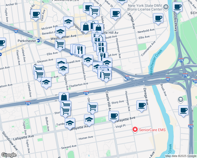 map of restaurants, bars, coffee shops, grocery stores, and more near in The Bronx