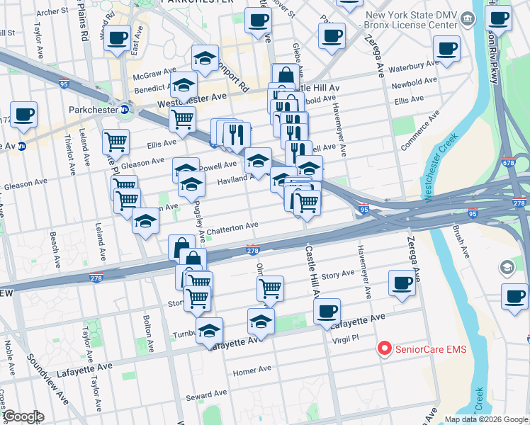 map of restaurants, bars, coffee shops, grocery stores, and more near 2122 Blackrock Avenue in The Bronx