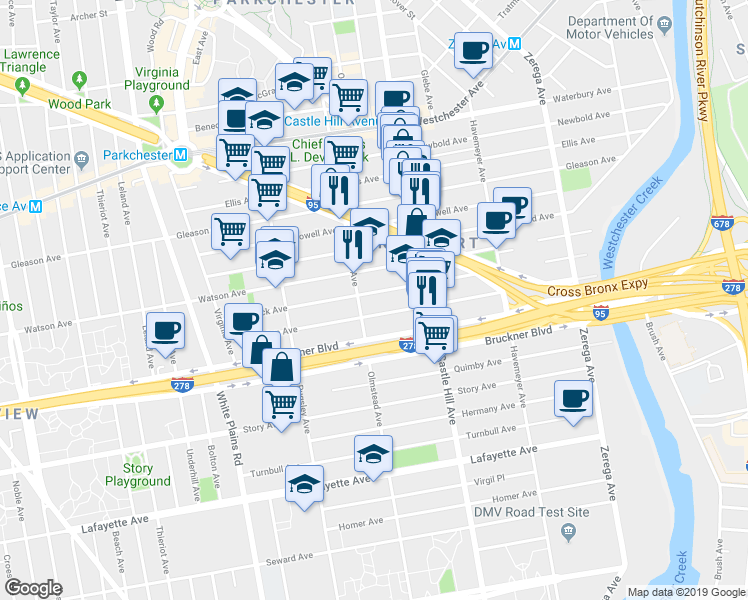 map of restaurants, bars, coffee shops, grocery stores, and more near 2122 Blackrock Avenue in Bronx