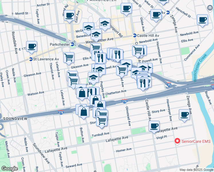 map of restaurants, bars, coffee shops, grocery stores, and more near 2019 Blackrock Avenue in Bronx