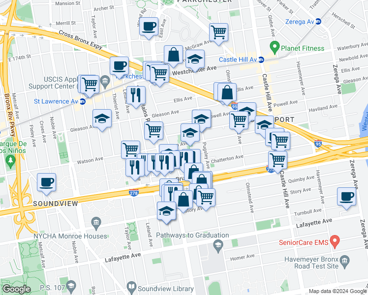 map of restaurants, bars, coffee shops, grocery stores, and more near 1946 Watson Avenue in Bronx