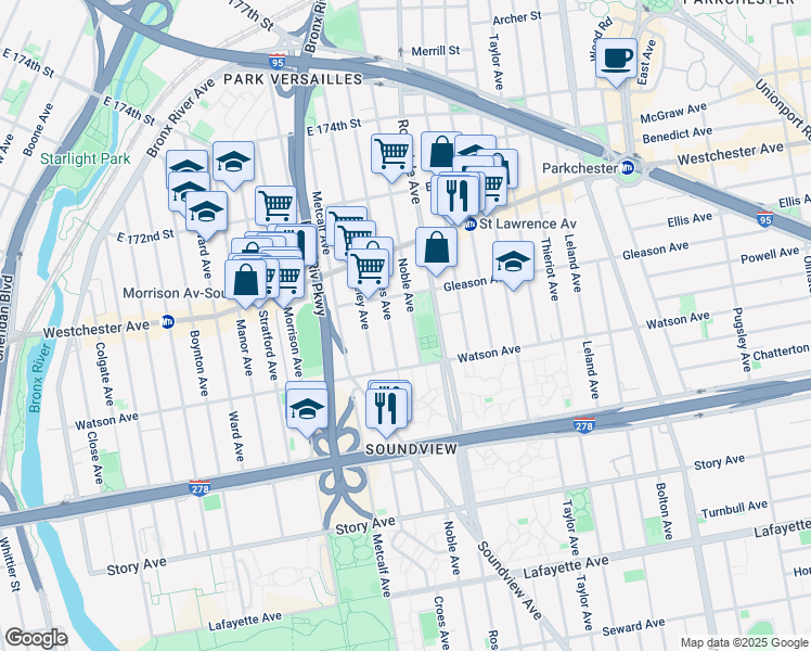 map of restaurants, bars, coffee shops, grocery stores, and more near 1143 Croes Avenue in Bronx