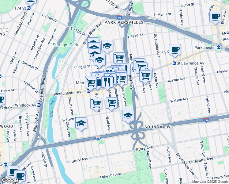 map of restaurants, bars, coffee shops, grocery stores, and more near 1170 Stratford Avenue in Bronx