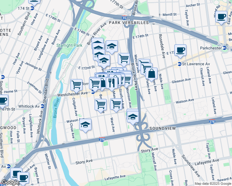map of restaurants, bars, coffee shops, grocery stores, and more near 1167 Manor Avenue in Bronx